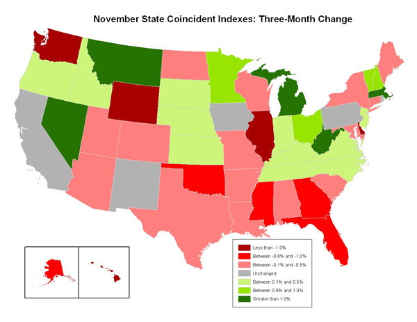 Map of the U.S. showing the State Coincident Indexes Three-Month Change in November 2009
