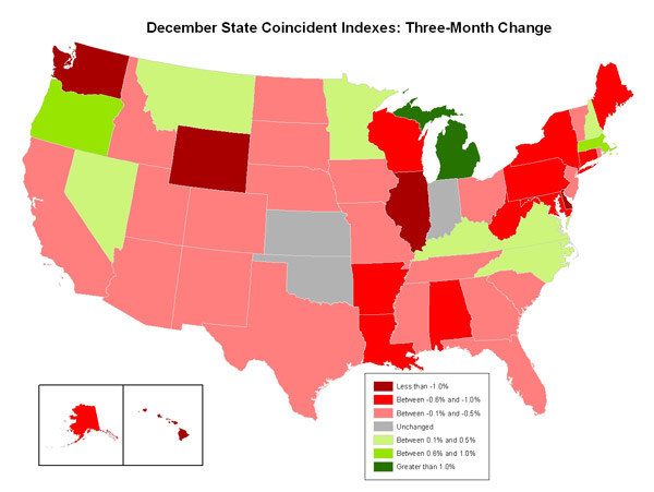 Map of the U.S. showing the State Coincident Indexes Three-Month Change in December 2009