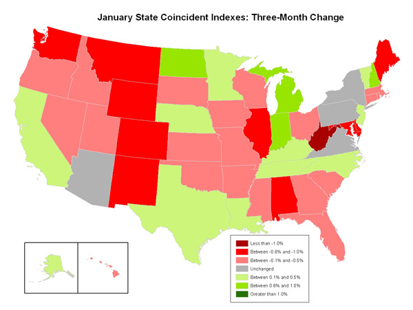 Map of the U.S. showing the State Coincident Indexes Three-Month Change in January 2010
