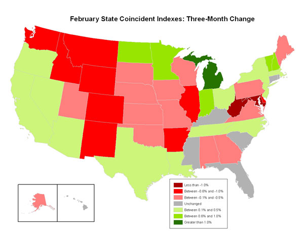 Map of the U.S. showing the State Coincident Indexes Three-Month Change in February 2010