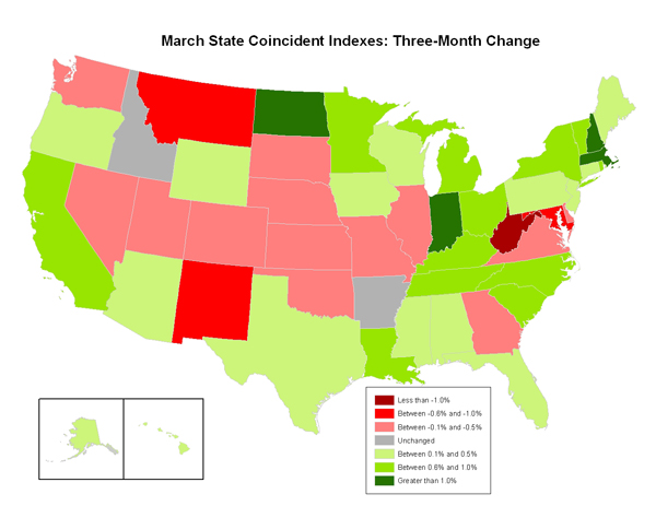 Map of the U.S. showing the State Coincident Indexes Three-Month Change in March 2010