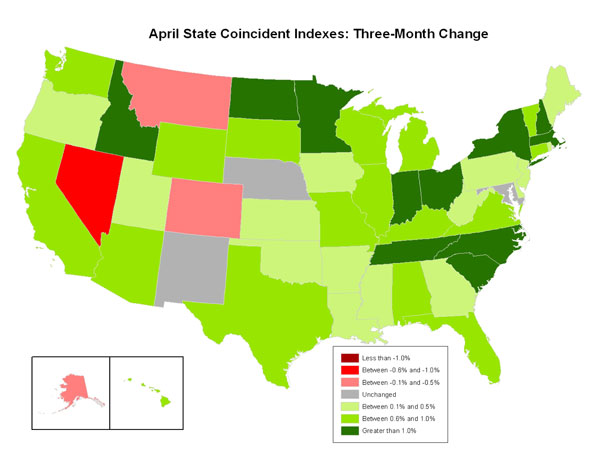 Map of the U.S. showing the State Coincident Indexes Three-Month Change in April 2010