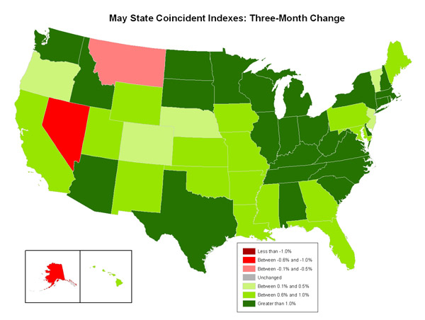 Map of the U.S. showing the State Coincident Indexes Three-Month Change in May 2010