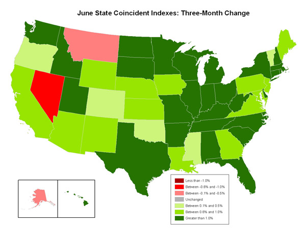 Map of the U.S. showing the State Coincident Indexes Three-Month Change in June 2010
