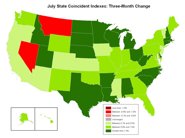 Map of the U.S. showing the State Coincident Indexes Three-Month Change in July 2010