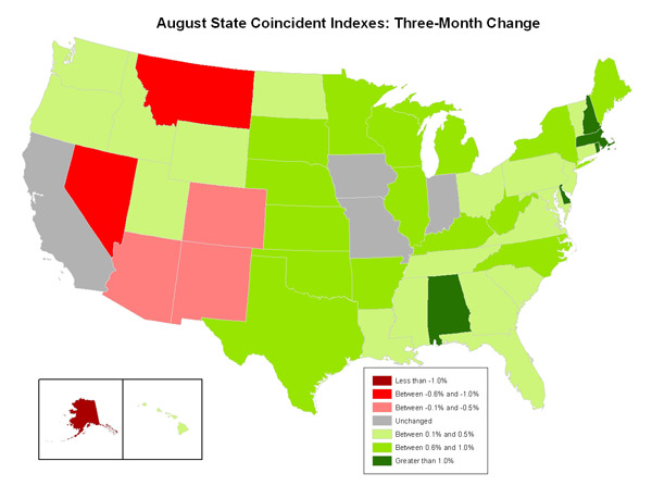 Map of the U.S. showing the State Coincident Indexes Three-Month Change in August 2010