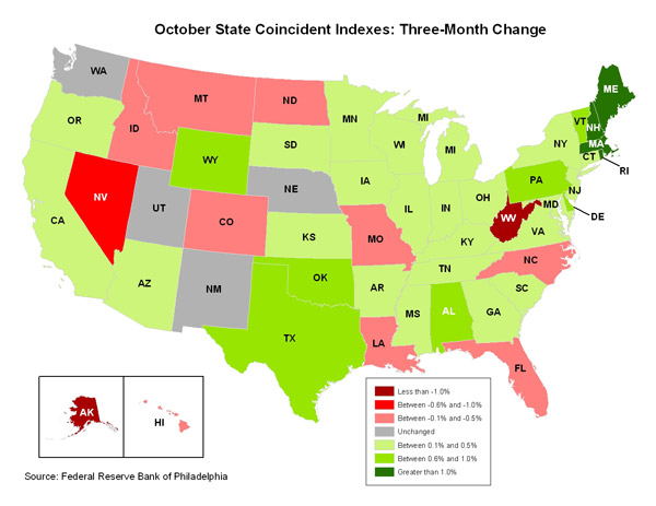 Map of the U.S. showing the State Coincident Indexes Three-Month Change in October 2010