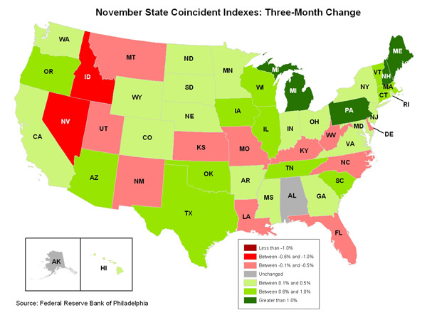 Map of the U.S. showing the State Coincident Indexes Three-Month Change in November 2010