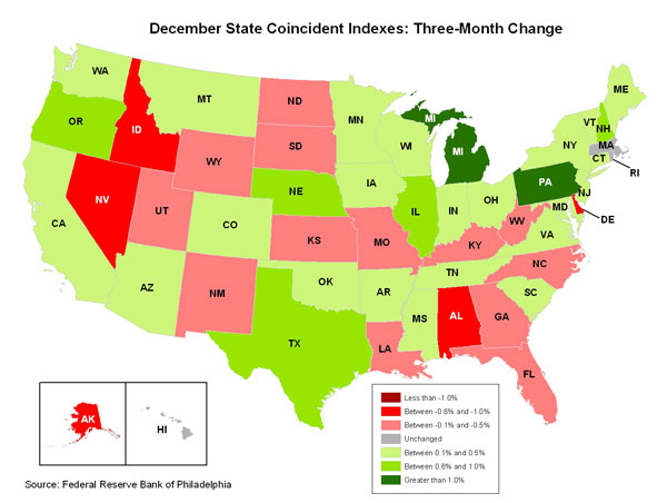 Map of the U.S. showing the State Coincident Indexes Three-Month Change in December 2010