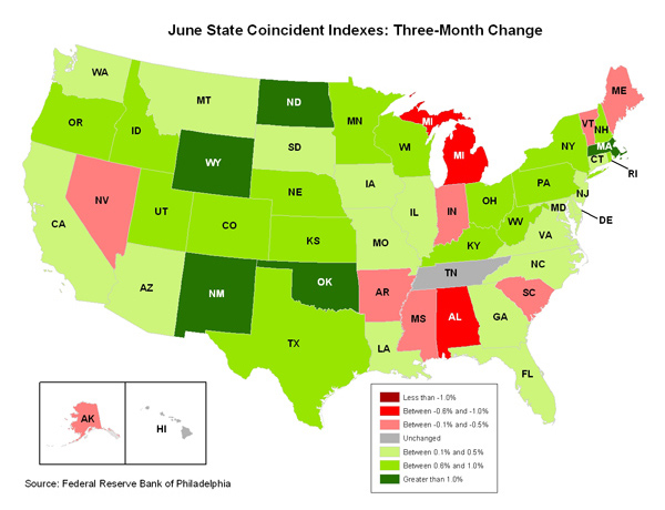Map of the U.S. showing the State Coincident Indexes Three-Month Change in June 2011