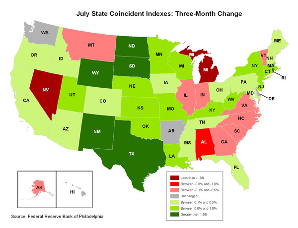 Map of the U.S. showing the State Coincident Indexes Three-Month Change in July 2011