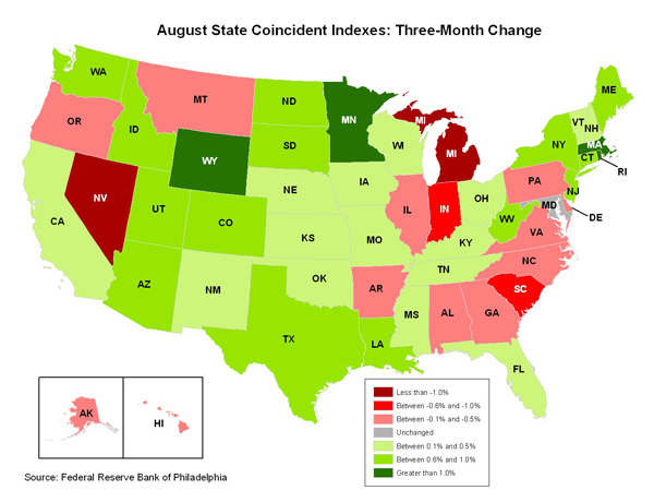 Map of the U.S. showing the State Coincident Indexes Three-Month Change in August 2011
