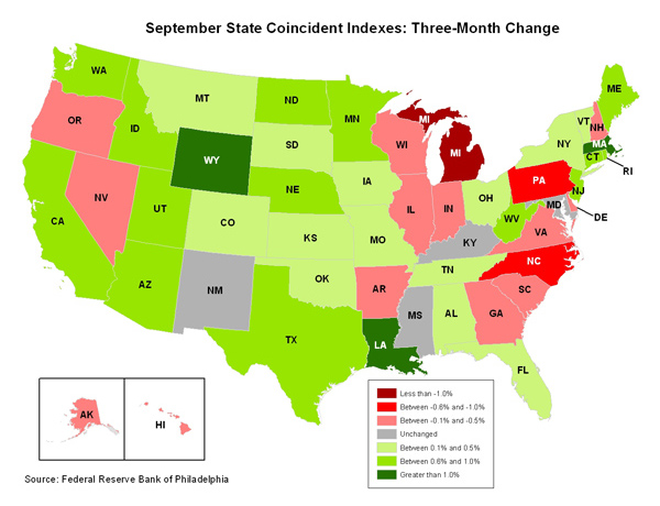 Map of the U.S. showing the State Coincident Indexes Three-Month Change in September 2011
