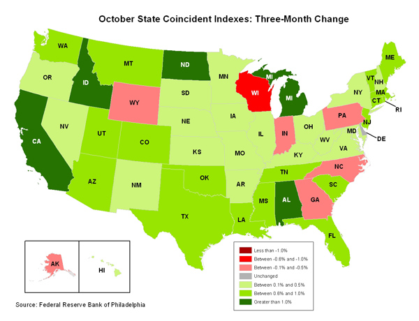 Map of the U.S. showing the State Coincident Indexes Three-Month Change in October 2011