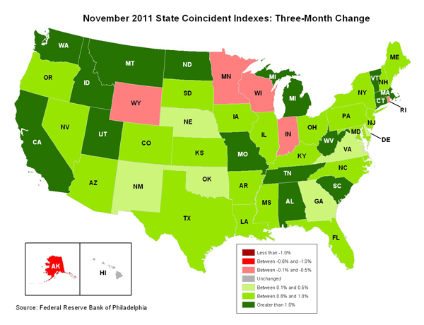 Map of the U.S. showing the State Coincident Indexes Three-Month Change in November 2011