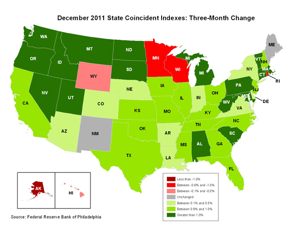 Map of the U.S. showing the State Coincident Indexes Three-Month Change in December 2011