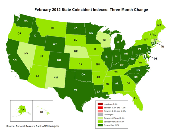 Map of the U.S. showing the State Coincident Indexes Three-Month Change in February 2012