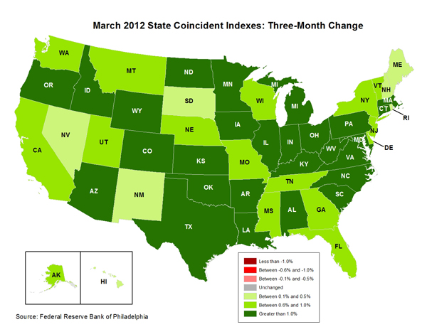Map of the U.S. showing the State Coincident Indexes Three-Month Change in March 2012