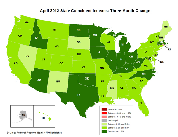 Map of the U.S. showing the State Coincident Indexes Three-Month Change in April 2012