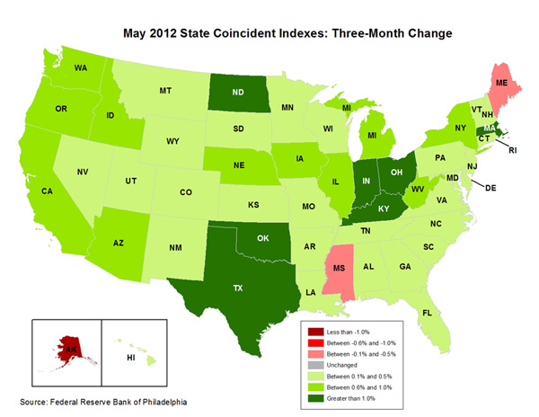 Map of the U.S. showing the State Coincident Indexes Three-Month Change in May 2012