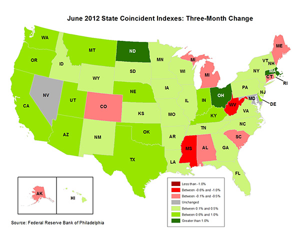 Map of the U.S. showing the State Coincident Indexes Three-Month Change in June 2012