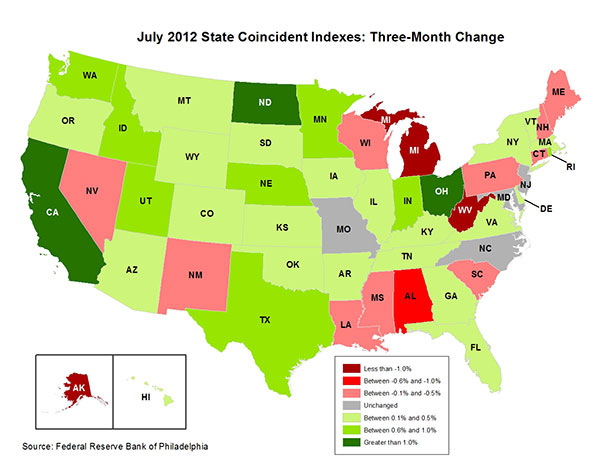 Map of the U.S. showing the State Coincident Indexes Three-Month Change in July 2012
