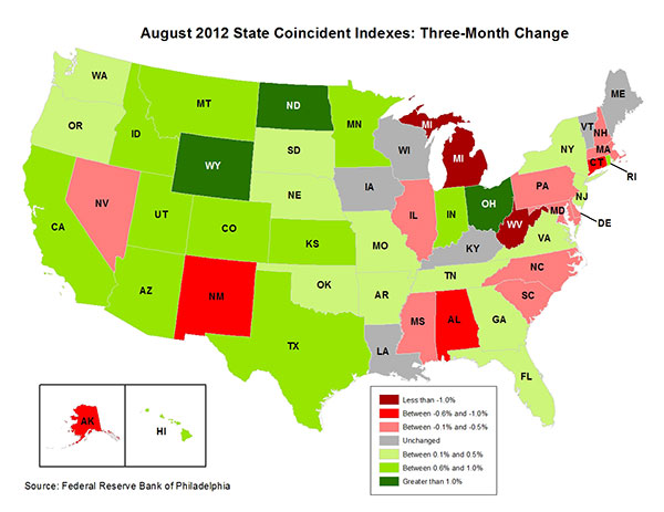 Map of the U.S. showing the State Coincident Indexes Three-Month Change in August 2012