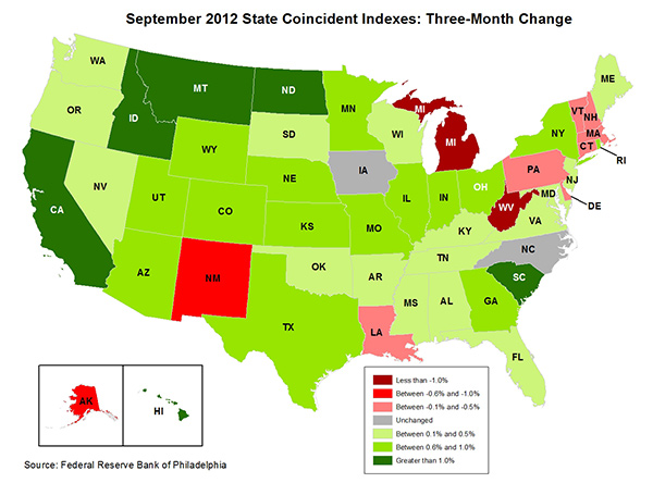 Map of the U.S. showing the State Coincident Indexes Three-Month Change in September 2012