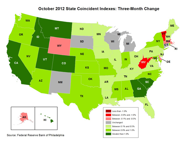 Map of the U.S. showing the State Coincident Indexes Three-Month Change in October 2012