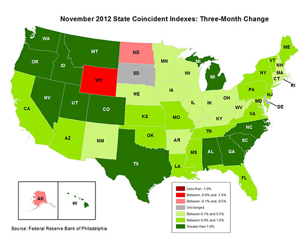 Map of the U.S. showing the State Coincident Indexes Three-Month Change in November 2012