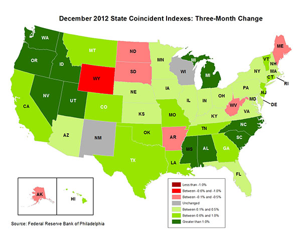 Map of the U.S. showing the State Coincident Indexes Three-Month Change in December 2012