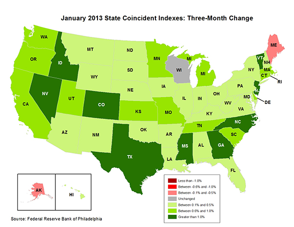 Map of the U.S. showing the State Coincident Indexes Three-Month Change in January 2013