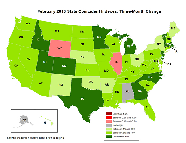 Map of the U.S. showing the State Coincident Indexes Three-Month Change in February 2013
