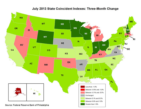 Map of the U.S. showing the State Coincident Indexes Three-Month Change in July 2013