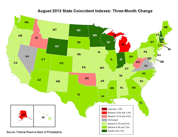 Map of the U.S. showing the State Coincident Indexes Three-Month Change in August 2013