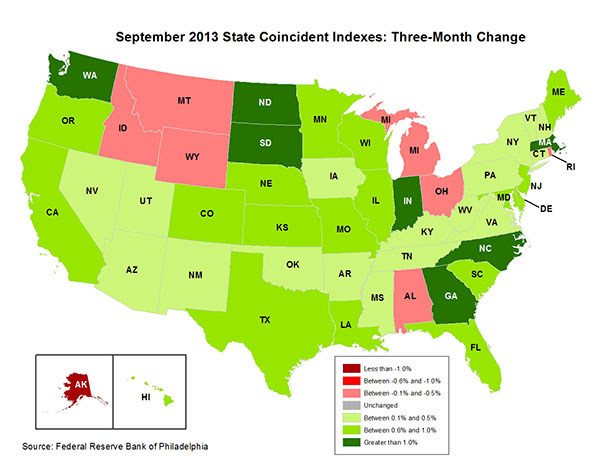 Map of the U.S. showing the State Coincident Indexes Three-Month Change in September 2013