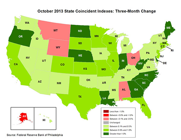 Map of the U.S. showing the State Coincident Indexes Three-Month Change in October 2013