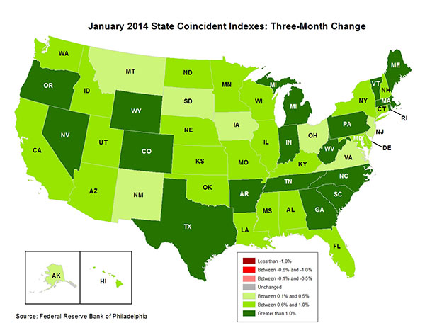 Map of the U.S. showing the State Coincident Indexes Three-Month Change in January 2014