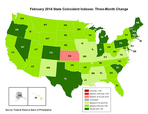 Map of the U.S. showing the State Coincident Indexes Three-Month Change in February 2014