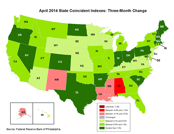 Map of the U.S. showing the State Coincident Indexes Three-Month Change in April 2014