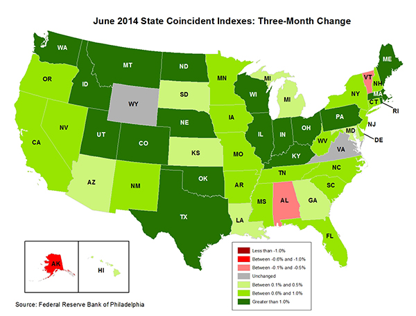 Map of the U.S. showing the State Coincident Indexes Three-Month Change in June 2014