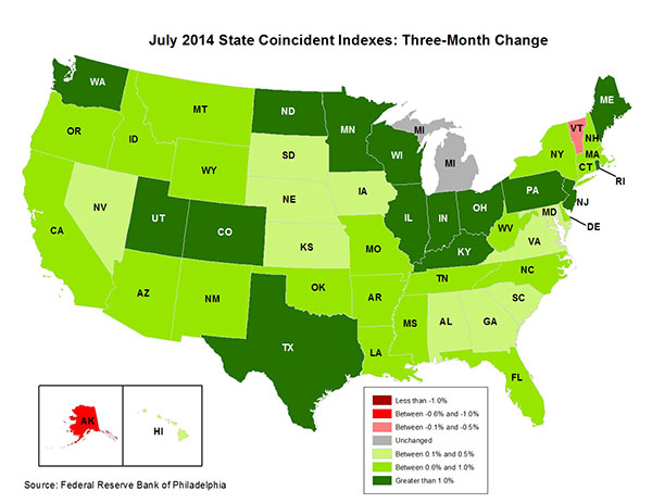 Map of the U.S. showing the State Coincident Indexes Three-Month Change in July 2014