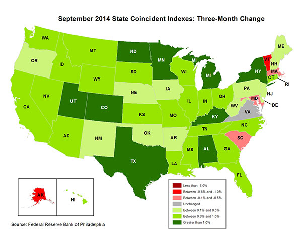 Map of the U.S. showing the State Coincident Indexes Three-Month Change in September 2014