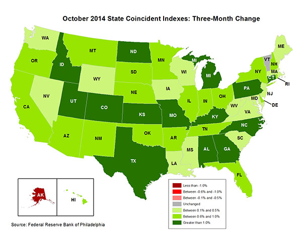 Map of the U.S. showing the State Coincident Indexes Three-Month Change in October 2014