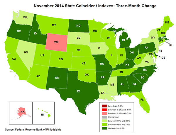 Map of the U.S. showing the State Coincident Indexes Three-Month Change in November 2014