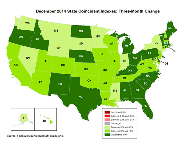 Map of the U.S. showing the State Coincident Indexes Three-Month Change in December 2014