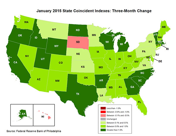 Map of the U.S. showing the State Coincident Indexes Three-Month Change in January 2015