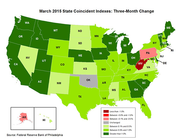 Map of the U.S. showing the State Coincident Indexes Three-Month Change in March 2015