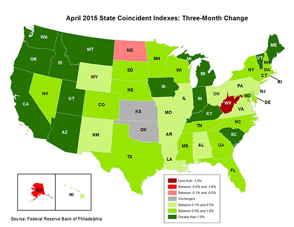 Map of the U.S. showing the State Coincident Indexes Three-Month Change in April 2015