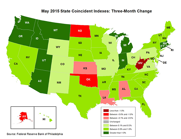 Map of the U.S. showing the State Coincident Indexes Three-Month Change in May 2015